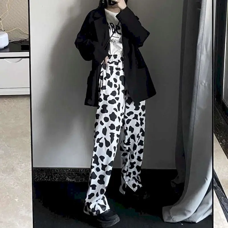 

Pants Women's Autumn 2020 New Harajuku Style Cow Pattern Drape Wide-leg Pants Loose And Thin Straight Trousers