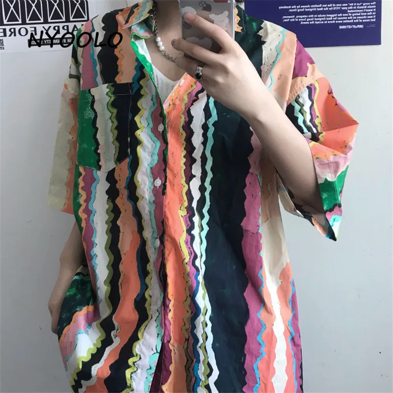 

NYOOLO Summer Streetwear Irregular Watermelon Pattern Short Sleeve Oversized Shirt Women Men Clothes Casual Single Breasted Tops