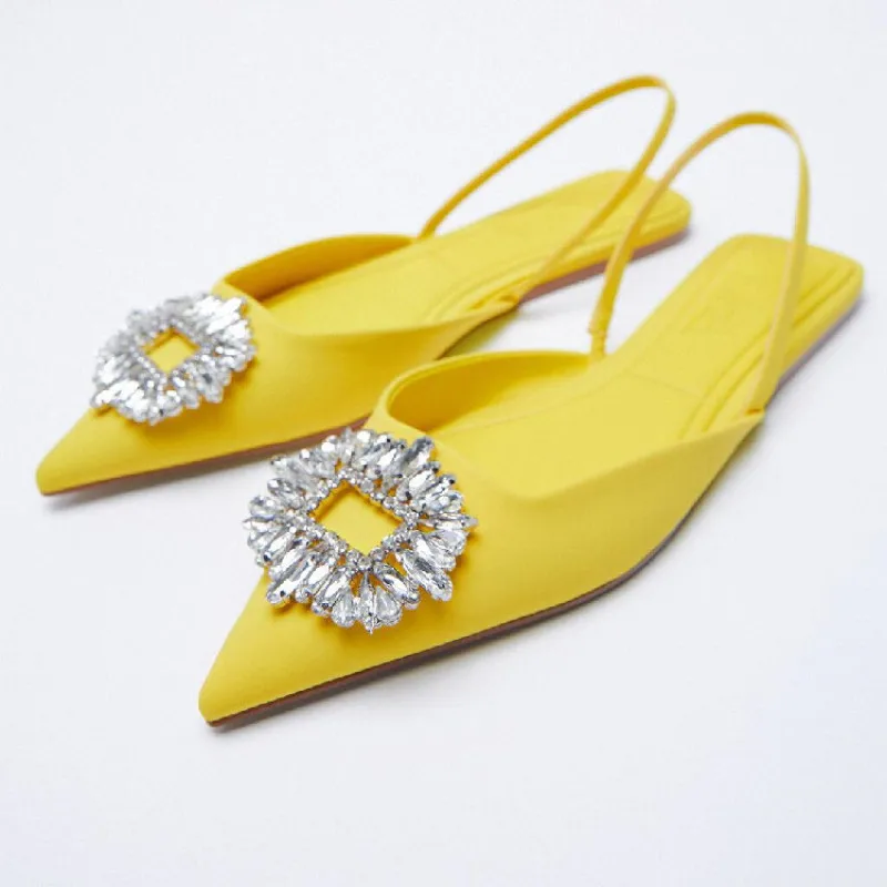 

2021Summer New Yellow Single Shoes Women Brethable Fashion Pointed Toe Flat Sexy Rhinestone Stiletto Muller Sandals And Slippers