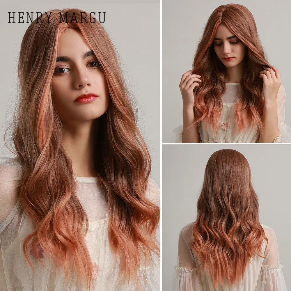 

HENRY MARGU Long Ombre Red Orange Brown Synthetic Wigs for Women Natural Wave Hair Wig Middle Part Cosplay Wigs Heat Resistant
