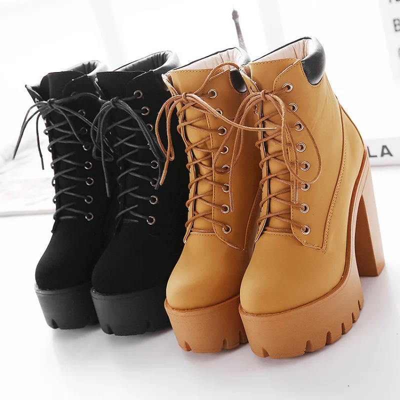 

Lace-up Thick-heeled Thick-soled Boots Ankle Boots Black Plus Size Spring and Autumn Fashion Thick-soled Waterproof Women's Boot