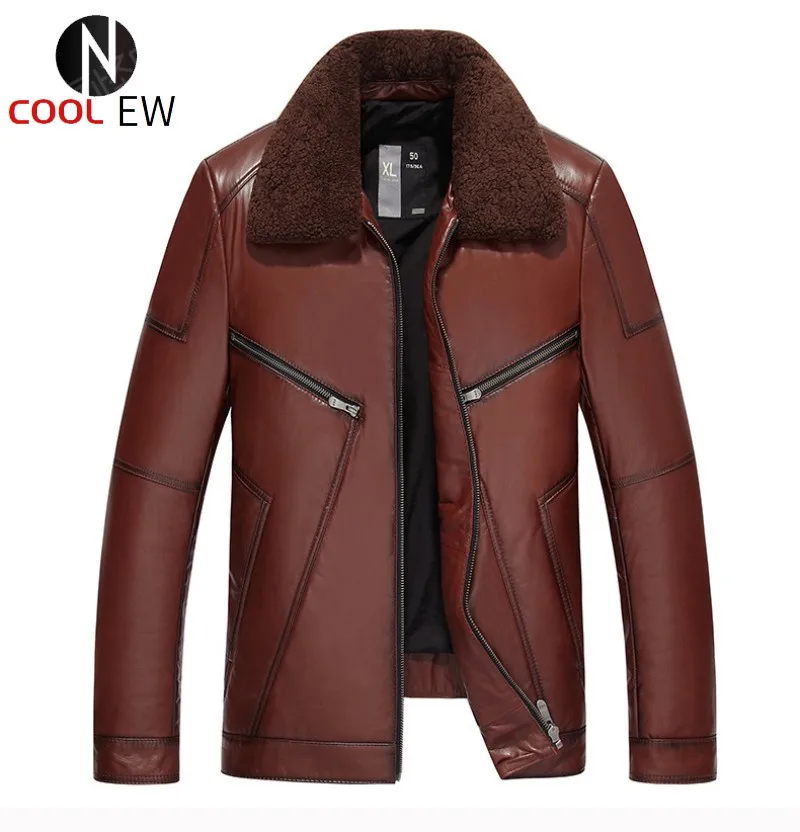 

Men Wool Collar Cowhide Genuine Leather Jacket Winter Warm White Duck Down Coat Fashion Motorcycle Cow Leather Jacket Outwear