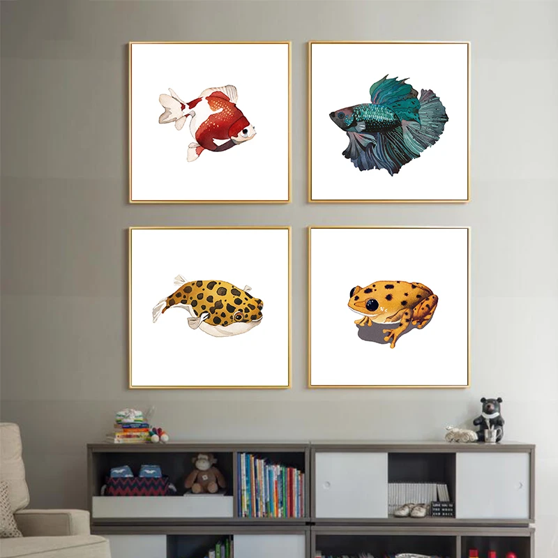 Cartoon Nordic Art Fsih Lobster Frog Shell Marine Life Poster Painting Wall Picture Print Children Baby Kid's Room Decoration | Дом и сад
