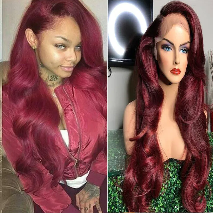 250 плотность бордовый 360 кружевной передний al парик волна тела 99J кружевные