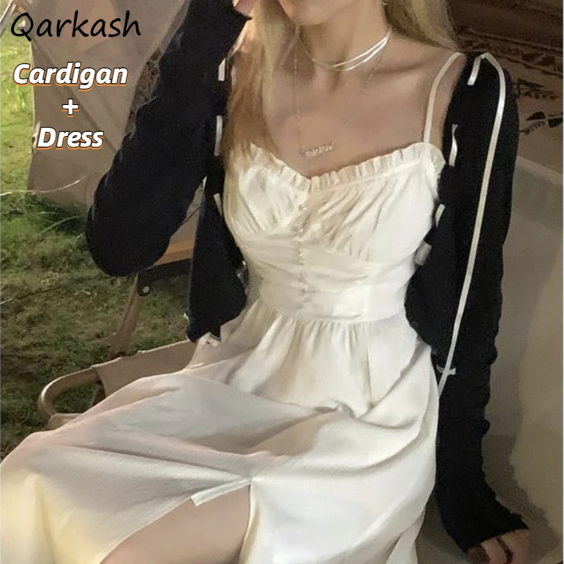 

Dress Sets Women Summer Fairy Side Split Tunic Elegant A-line High Waist Slim Long Sleeve Crop Cardigan Party Preppy Bow