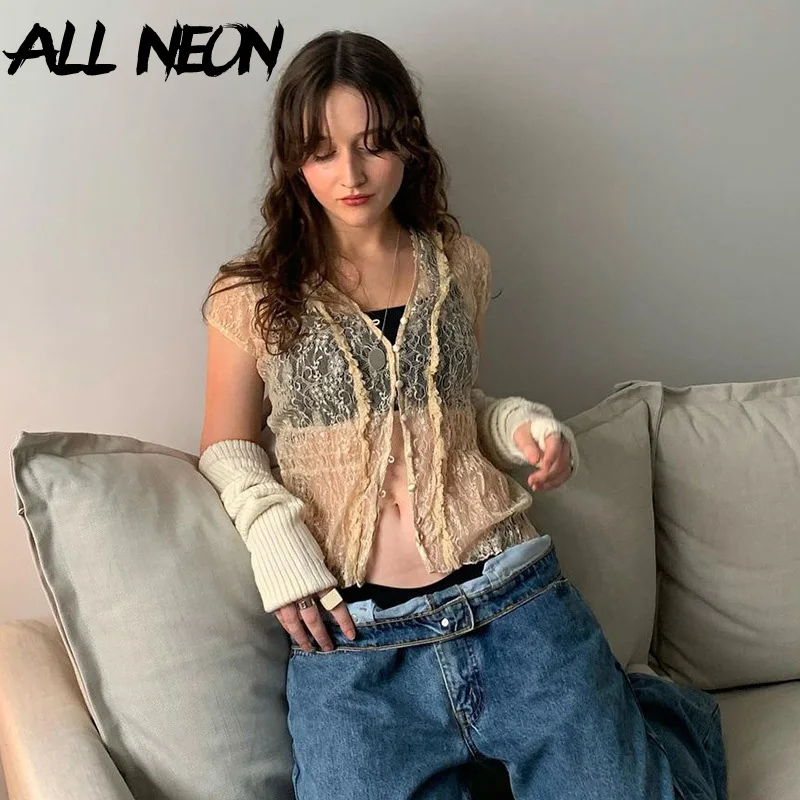

ALLNeon Fairy Grunge Aesthetics Ruffles Patchwork Lace Crop Tops Y2K Streetwear Buttons Short Sleeve E-girl T-shirts Transparent