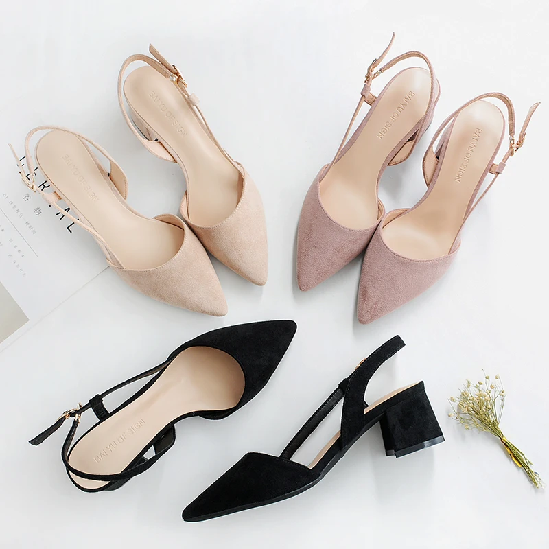 

Square High Heels Women Shoes 2021 Flock Ankle Straps Slingbacks Sandals Casual Black Nude Wedding Sexy Pointed Toe Woman Pumps