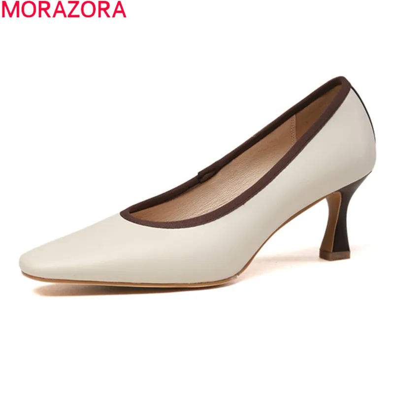 

Женские туфли-лодочки из натуральной кожи MORAZORA, черные или белые вечерние туфли-лодочки из натуральной кожи на высоком квадратном каблуке, ...
