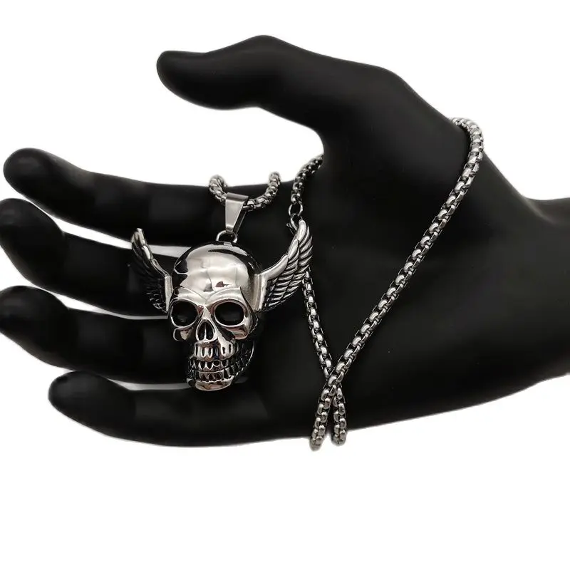 Gothetic 316 из нержавеющей стали 3D крылья ожерелье с кулоном череп для мужчин хип хоп