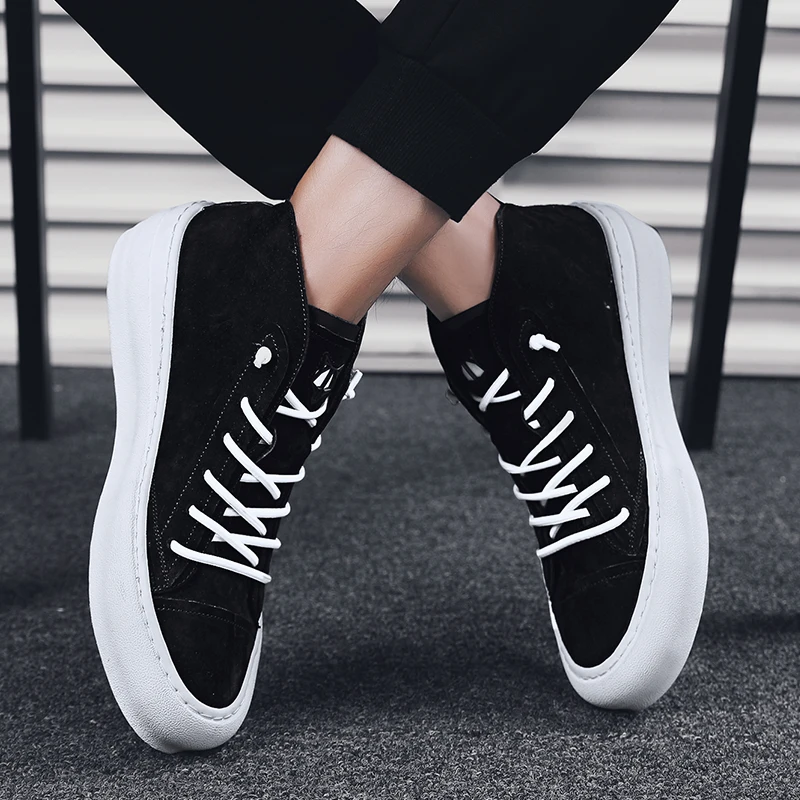 

2019 new fashion men's shoes casual pigskin leather male flats sneakers high top shoe man retro platform shoes for men hot sale