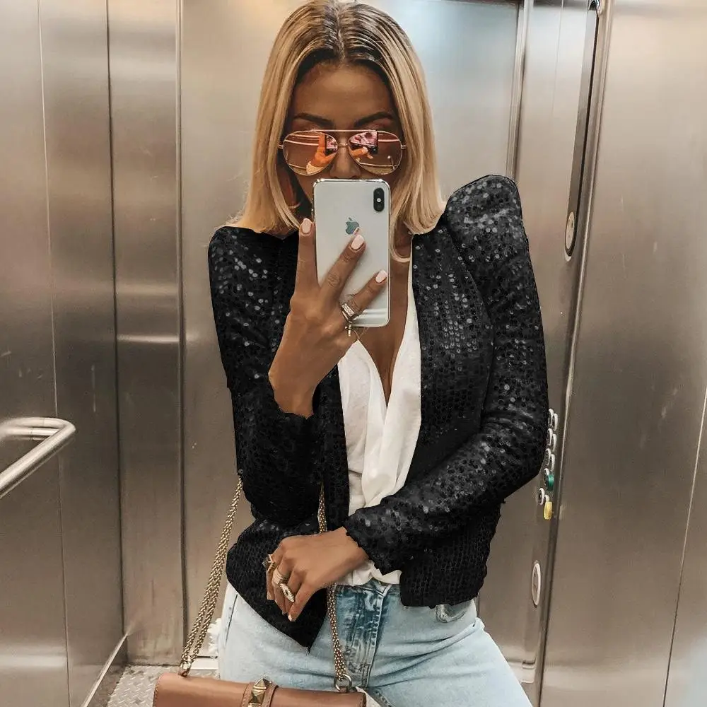 Women Ladies Solid Sequined Sexy Casual Coat Jacket Slim Bodycon Suit Collarless Open Stitch | Женская одежда