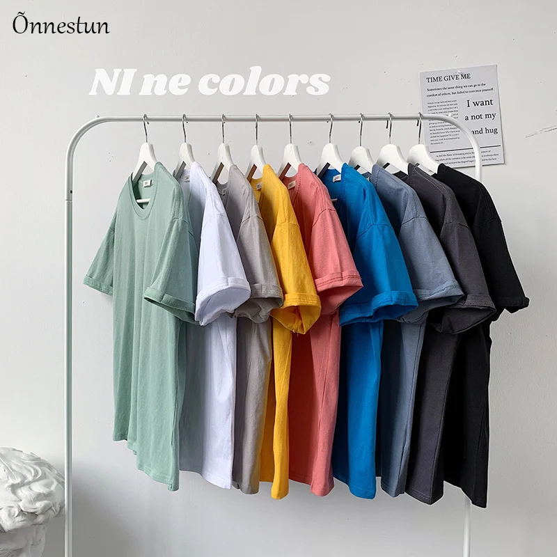 

Onnestun Летняя мужская футболка Новое поступление сплошного цвета с коротким рукавом футболка размера плюс M-5XL хлопковая футболка для мужчин ...