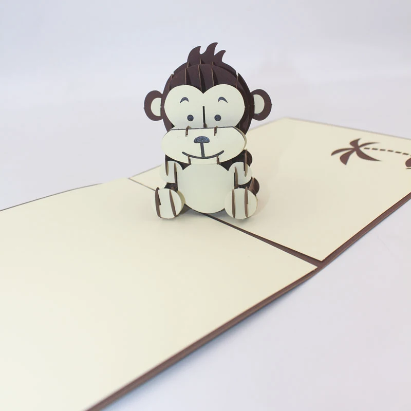 3D ручной работы коричневый мультфильм комикс сидя обезьяна Бумага благословение открытка студенческие дети день рождения друг подарок