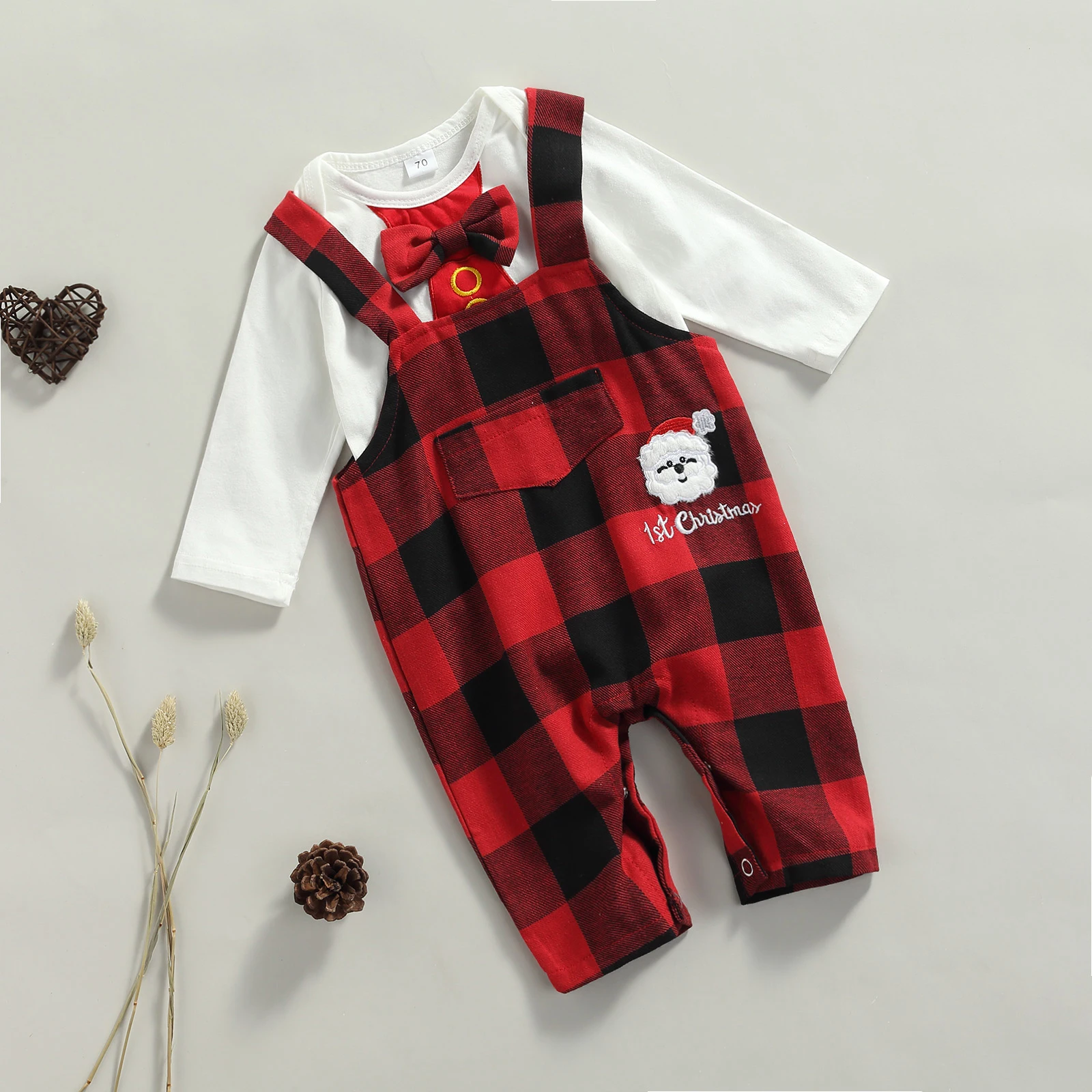 

0-18M Fashion Babies Christmas Clothes Set Round Collar Long Sleeve Romper Printed Pattern Suspender Trousers 2pcs Outfits