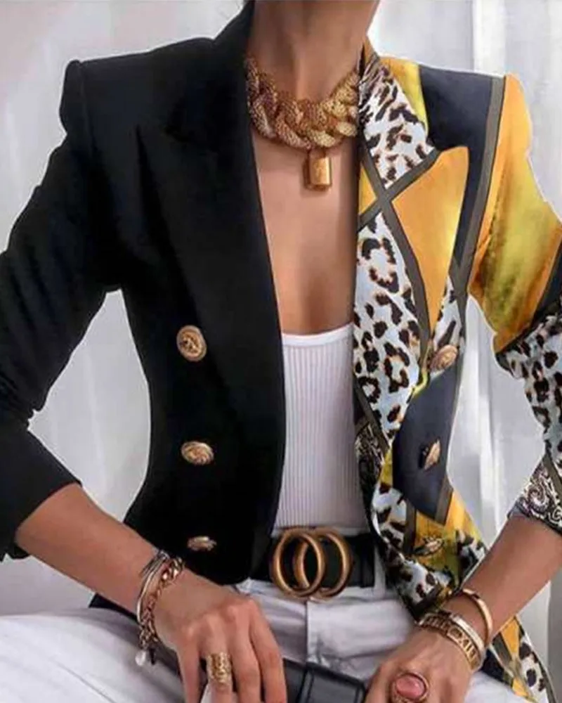 

2021 Autumn Turn-down Collar Colorblock Leopard Print Double Breasted Blazer Coats Casual Elegant Office Women Jacket