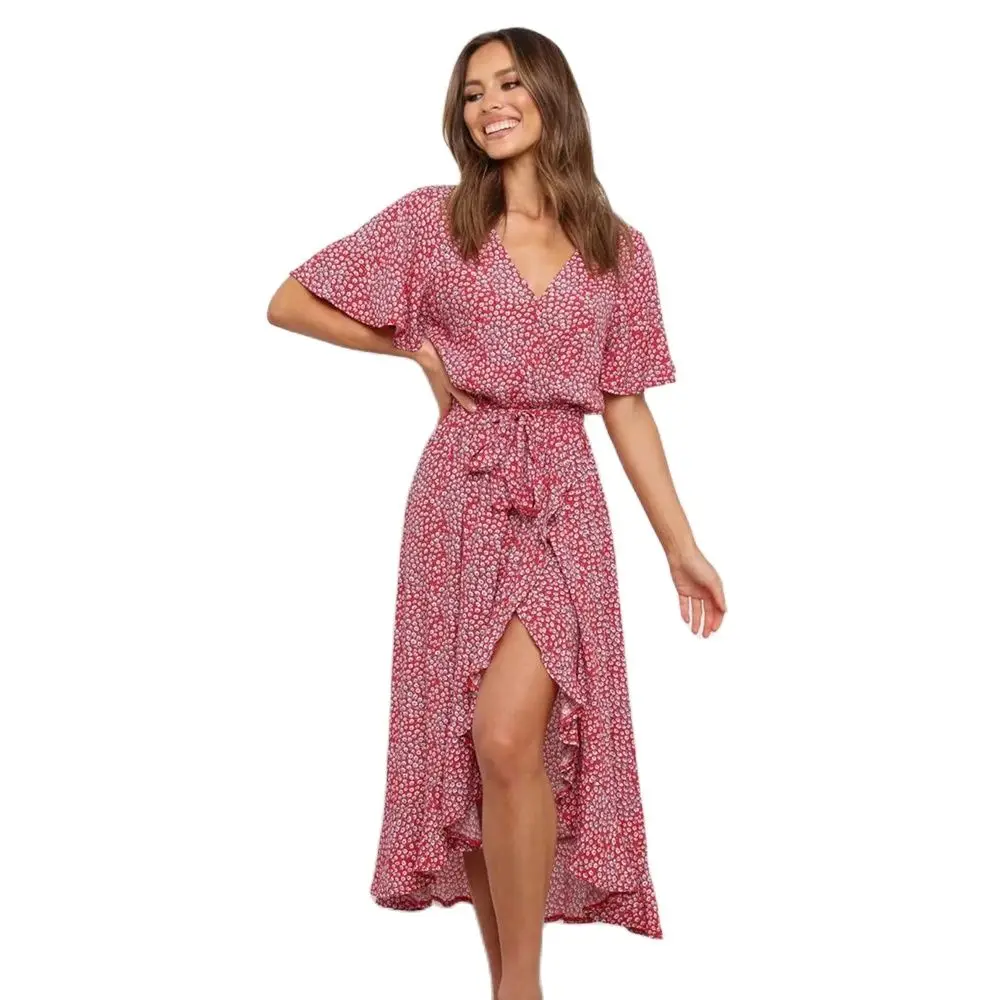 

2021 Summer Hot Sale Good Quality Factory Price Women's New Fashion Casual Floral Print Belt V-Neck Short Sleeve Dress