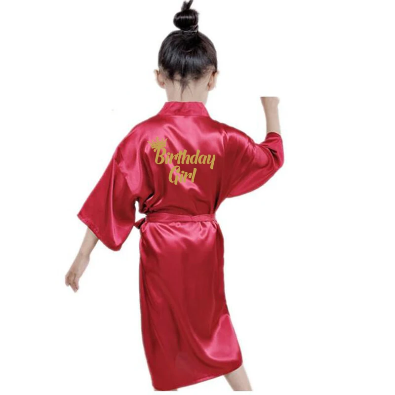 

Birthdaygirl robes spa party Kids Satin robes children flower girl gift Sleepover kimono gold writing birthday squad robes