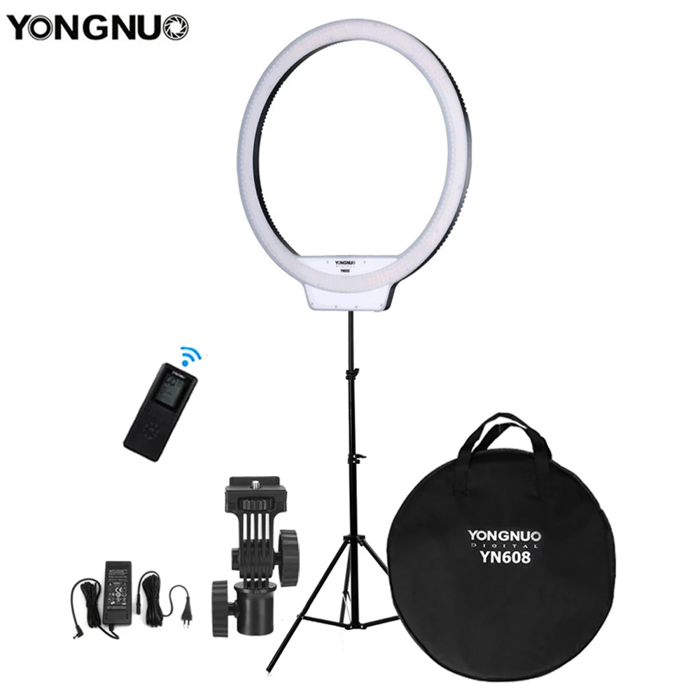 

Yongnuo YN608 Bi-color 3200-5500K/ White 5500K Led Ring Video Selfie Fill Light +2m Tripod +Wireless Remote Photo Live Lighting