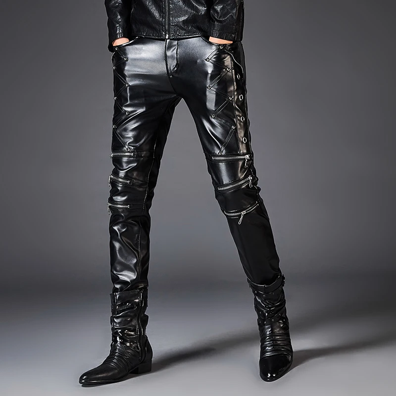 Брюки из искусственной кожи для мужчин брендовые черные модные мотоциклетные