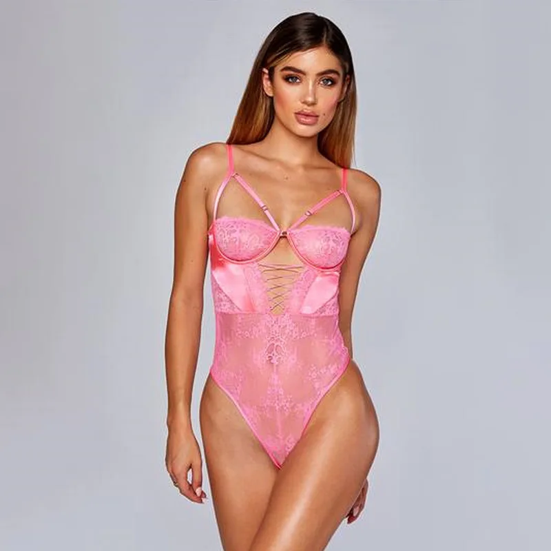 pink Криптографический Красный боди на шнуровке с завязками, сексуальный комбинезон с открытой спиной, Женское боди из сетчатой прозрачной кружева с вырезами, боди с эффектом пуш-ап - Цвет: pink