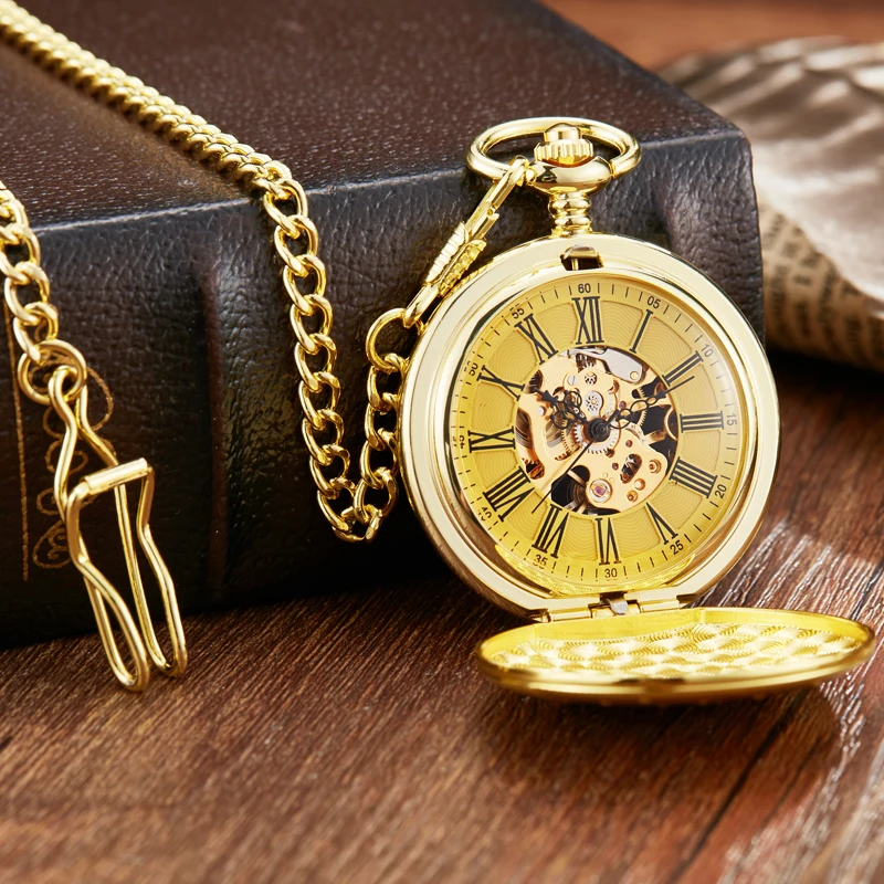 

Antique Unique Bronze Mechanical Pocket Watch Men Women Retro Roman Numerals Steampunk Skeleton Pocket Clock FOB Watches Chain