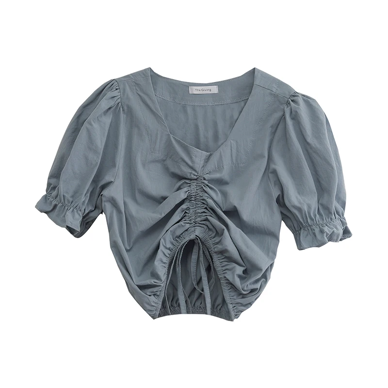 

Sweet Style French Style Puff Sleeve Top Women's Summer 2021 New Korean Style Sense of Design Drawstring Short Square Collar