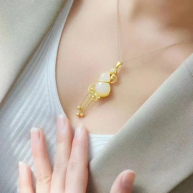 

Silver inlaid natural Hetian white jade gourd Pendant Necklace with Chinese unique ancient gold craft charm women's jewelry