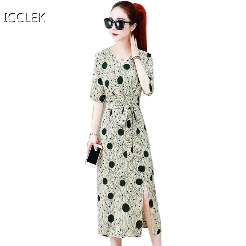 

Women's dress 2021 new summer fashion slit with belt gentle wind women's dress