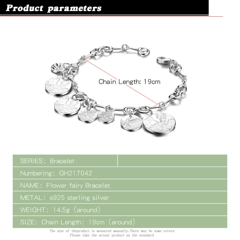 wedding bands браслет Women's 925 Sterling Silver Bracelet Pattern Circle Pendant Silver Chain Fine Jewelry Lobster Claw Clasp pulseras mujer name necklace