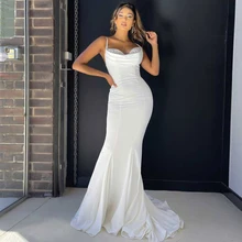 Mermaid White Evening Dresses for Dinner Party Strapless Dress Spaghetti Strap Sleeveless Robe De Soirée Femme with Chiffon (2)
