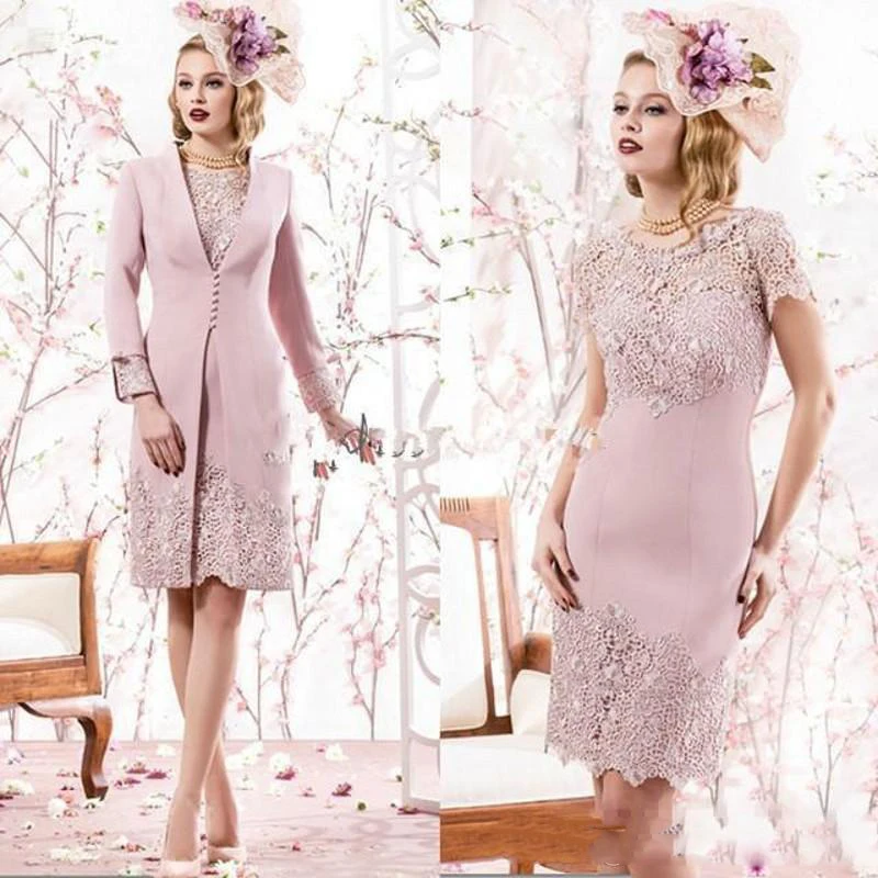 

2020 Elegant Dusty Rose Petite Knee Length mother of bride dresses Neckline Lace Long Sleeve Groom Mother Dress With Jacket 2 pi