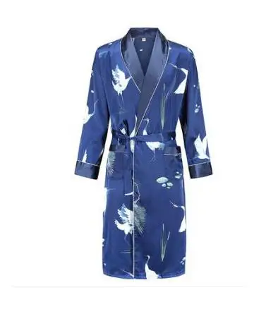 blue crane robe Шелковая ночная рубашка мужская летняя тонкий купальный халат Тигр Ночная рубашка свободная Свадебная robesilky с длинным рукавом Sleeprobe размера плюс домашняя одежда - Цвет: blue crane robe