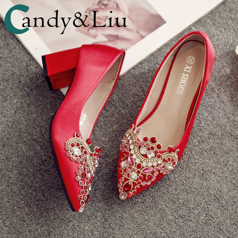 

2020 New Crystal Wedding Shoes Women's Pregnant Women's Thick-Heeled High-Heel Pointed Shoes Low-Heeled Red Crystal Bridal Shoes