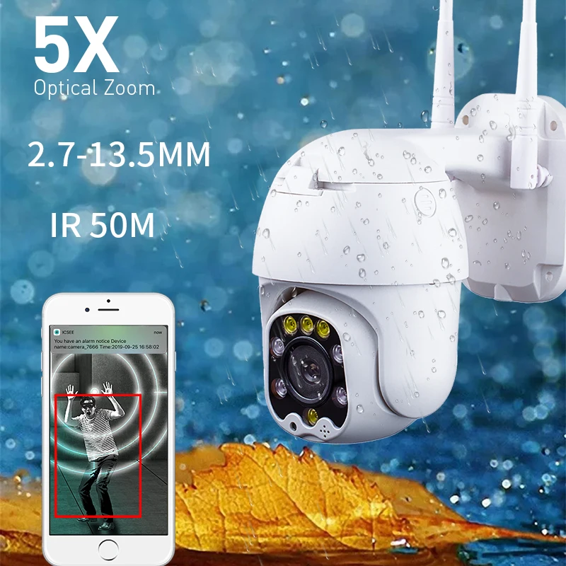 

5X Optical Zoom PTZ IP Camera Outdoor Wifi Wireless Security Camera 1080P Video Two Way Audio Zoom Infrared IR Detection Alarm