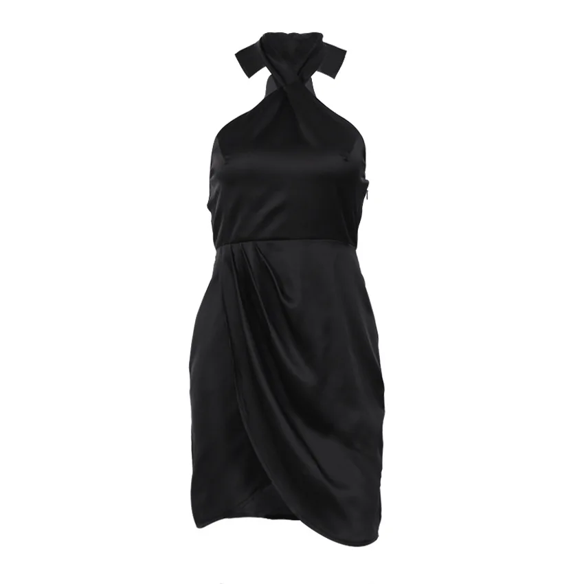 

Autumn Women Short Solid Color Irregular Satin Slim Halter Dress
