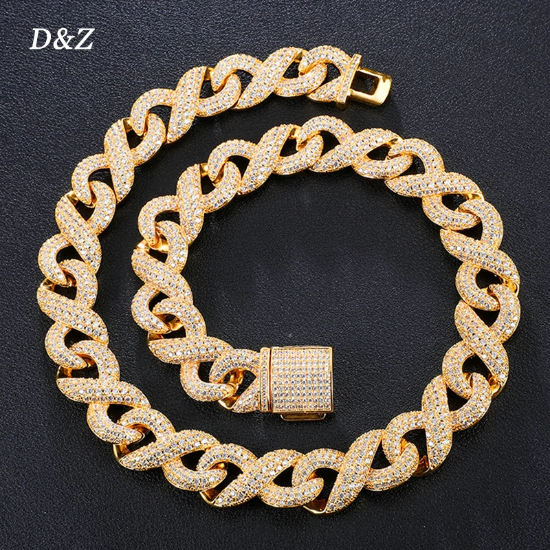 

D & Z 16 мм кубинская цепочка со звеньями бесконечности ожерелье золотого цвета с зубцом с фианитами камнями Пряжка коробки 18 '20' 22 ''хип-хоп ювелирные изделия