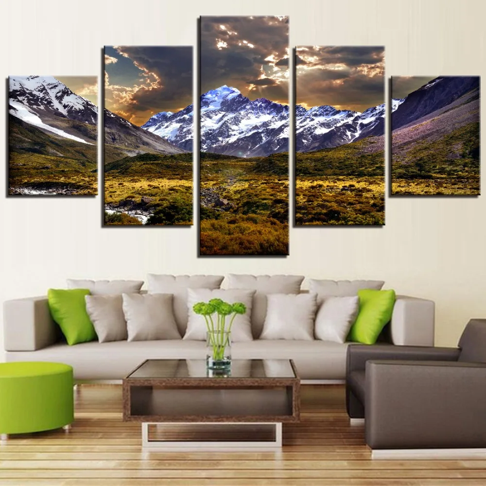 

Painting Canvas Wall Art Picture Decor 5 Pieces Sky Ice Mountain Grassland Natural Landscape For Home Room Poster Frame