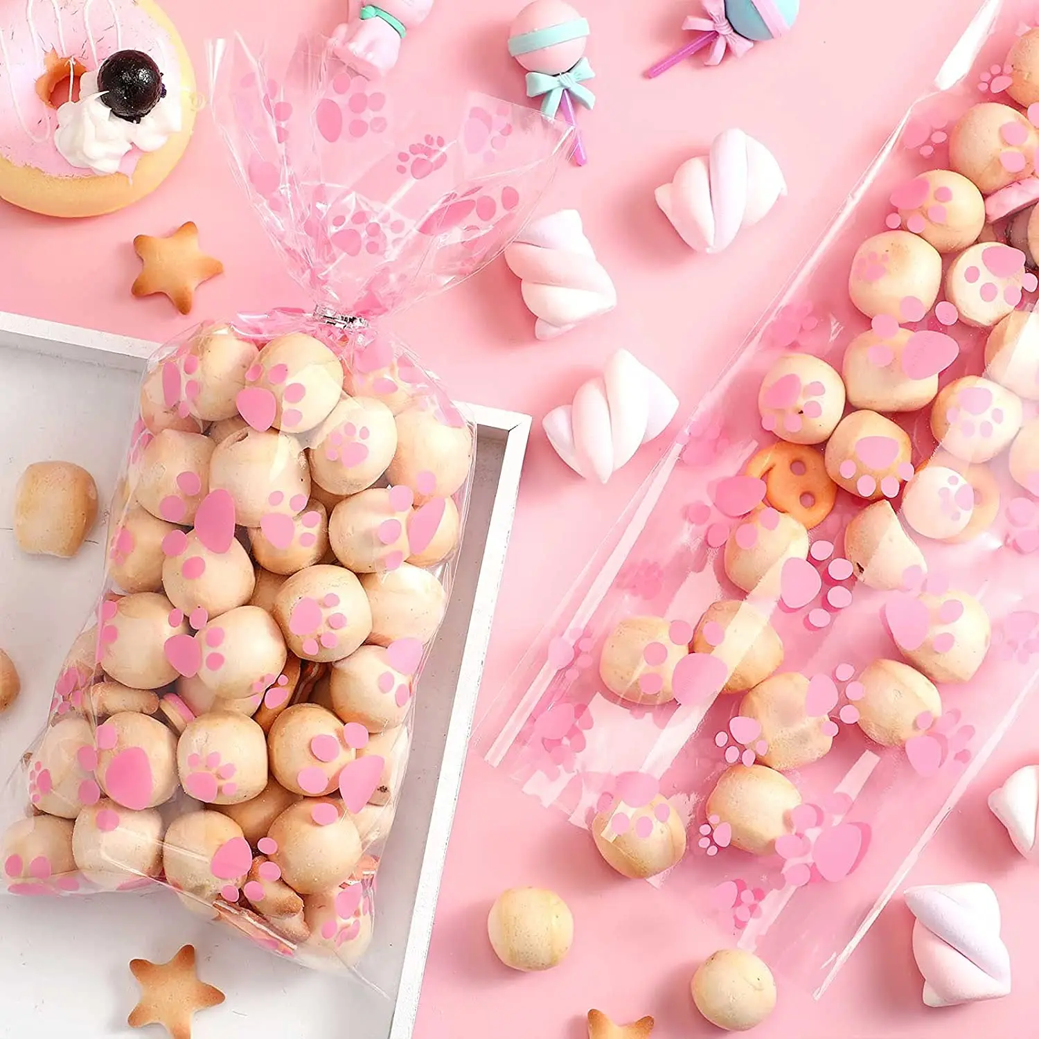 Розовые пакеты для домашних питомцев с принтом лап целлофановые термостойкие