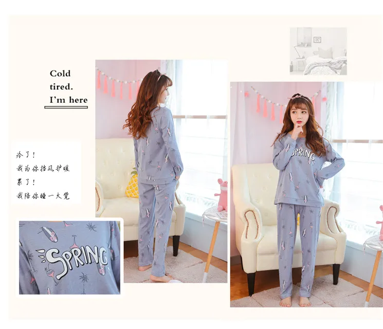 

SWT 2020 Sweet Lovely Pajamas Women Spring and Autumn Thin Long Sleeve Trousers Knitted Cotton Korean Version of Homewear Ladies