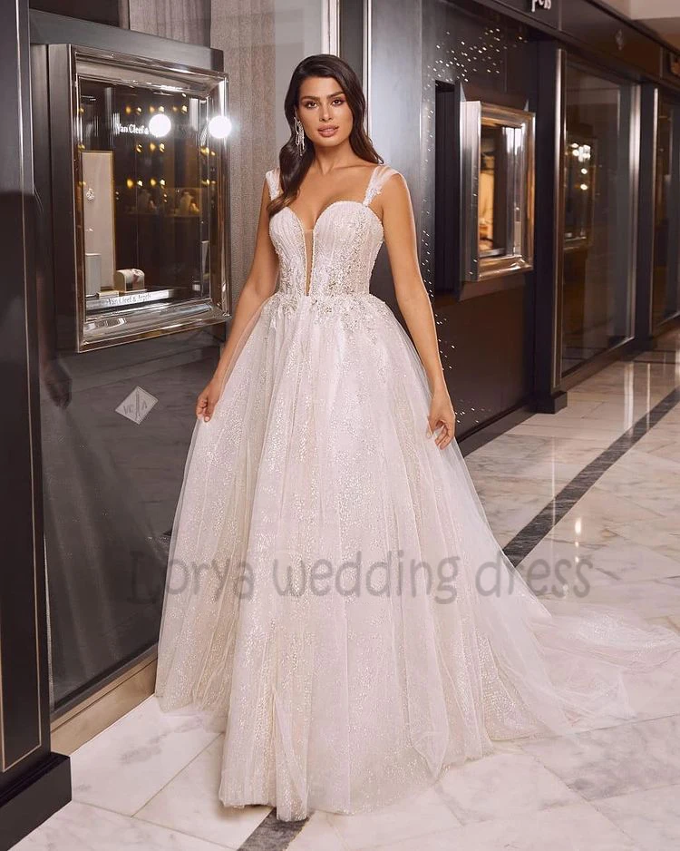 

A Line Wedding Dress Sequins Beaded Off Shoulder Sweetheart Lace Up Bohemia Vestido De Novia Boho Tulle Sweep Train Bride Gown