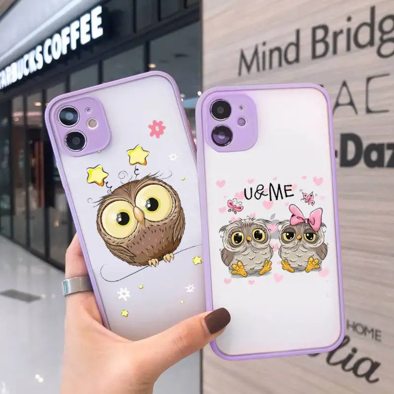 

Cute Owl Black Phone Case For iPhone 12 11 Mini Pro XR XS Max 7 8 Plus X Matte transparent Purple Back Cover