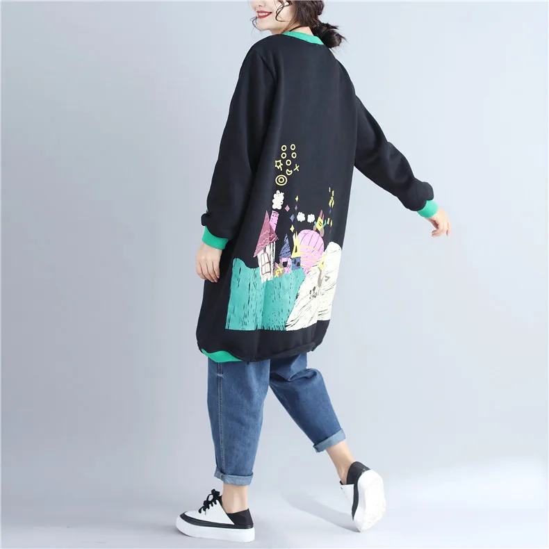 Принт с героями мультфильмов Kawaii, куртка с принтом для Для женщин Винтаж свободные Повседневное на молнии Длинная Куртка пальто больших размеров Размеры утолщаются из шерсти ягнёнка, кашемир кардиган пальто Chaqueta Mujer