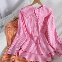 itoolin autumn loose tops plaid button up shirt women ruffle cute long sleeve blouse female jacket pocket contrast color tops
