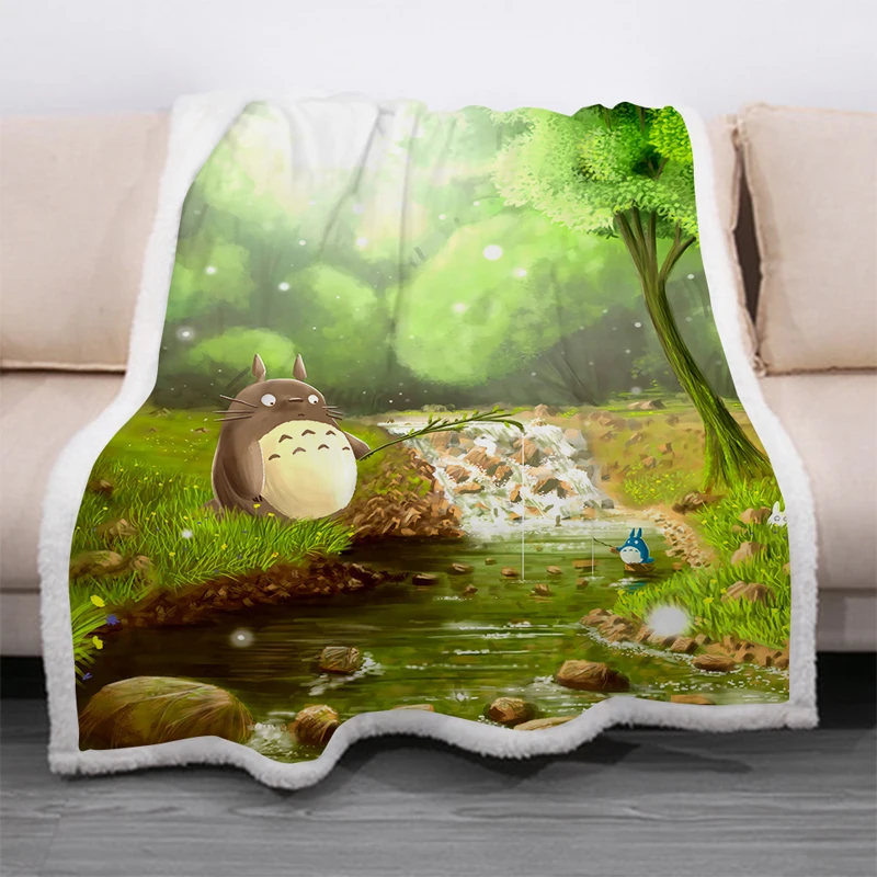 

Cartoon Totoro Funny Character Blanket 3D Print Sherpa Blanket on Bed Home Textiles Dreamlike Style 09