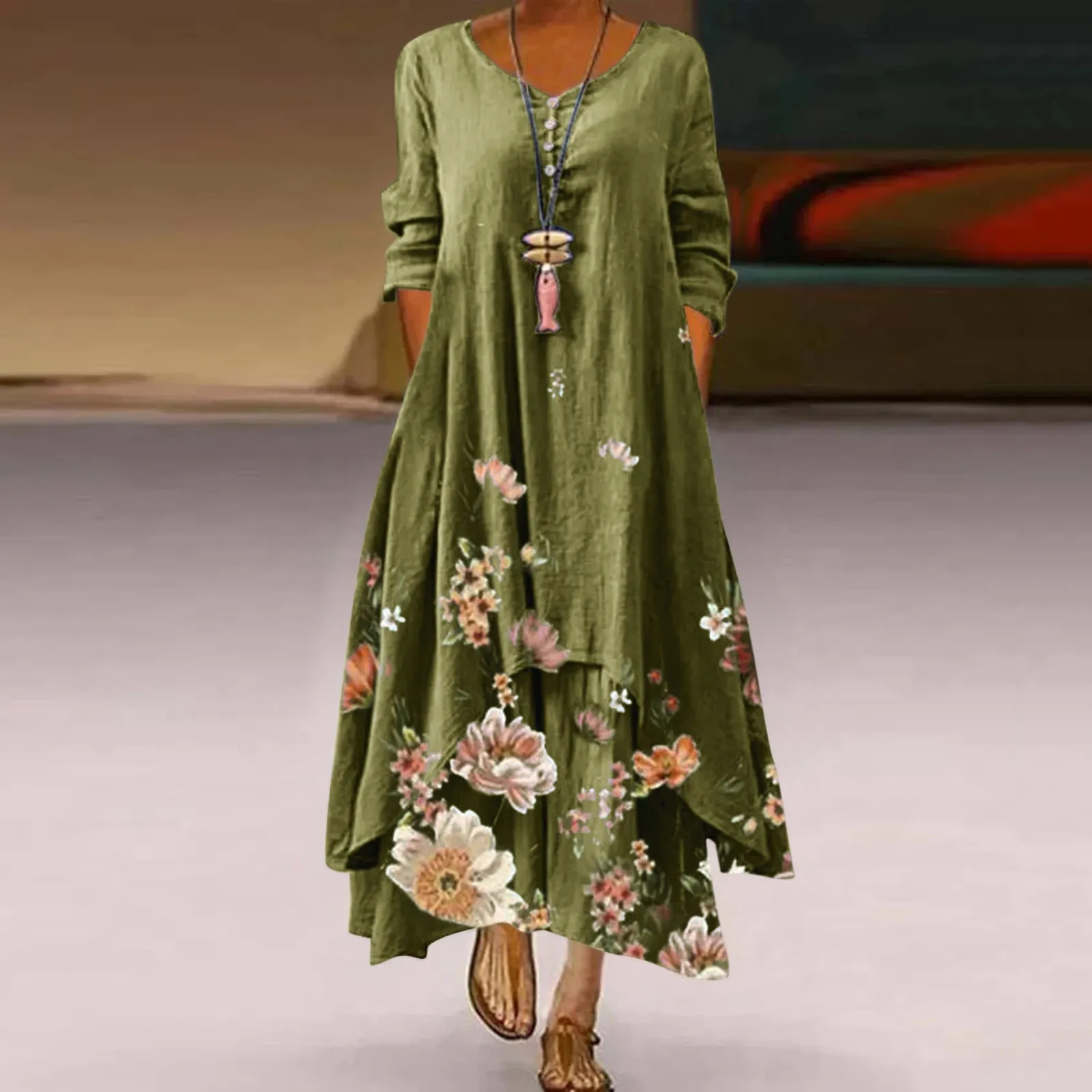 

Women Summer Long Dresses Floral Print Dress O-Neck Long Sleeve Irregular Loose Dresses For Women Casual