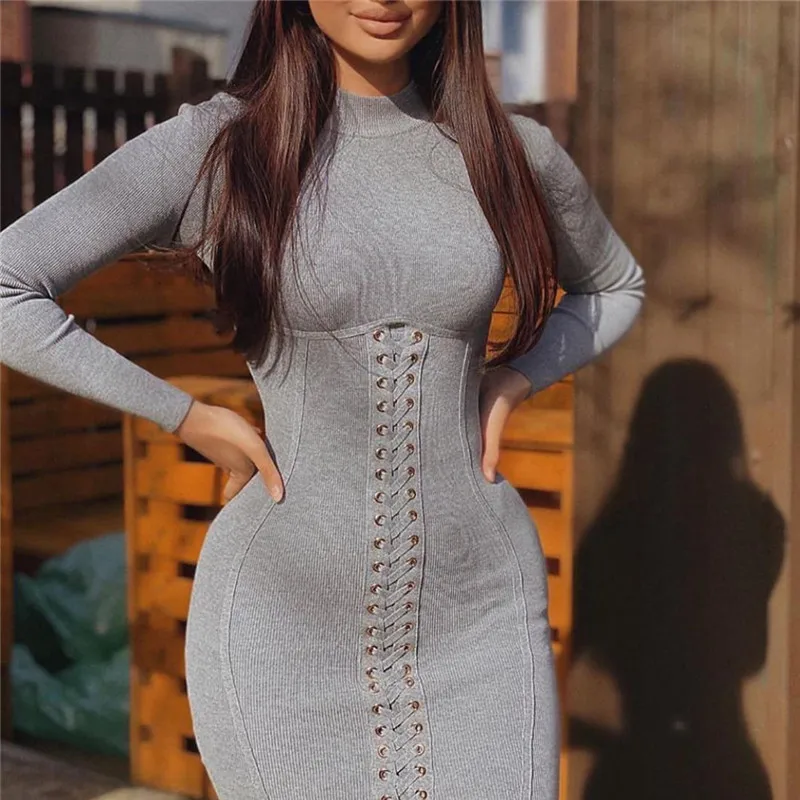 

Autumn And Winter Women's Round Neck Long Sleeve Strap Slim Dress Women