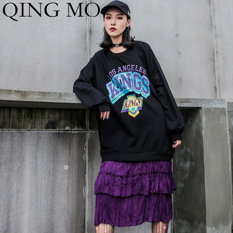 QING MO женское платье с буквенным принтом Черное лоскутное цветное Плиссированное