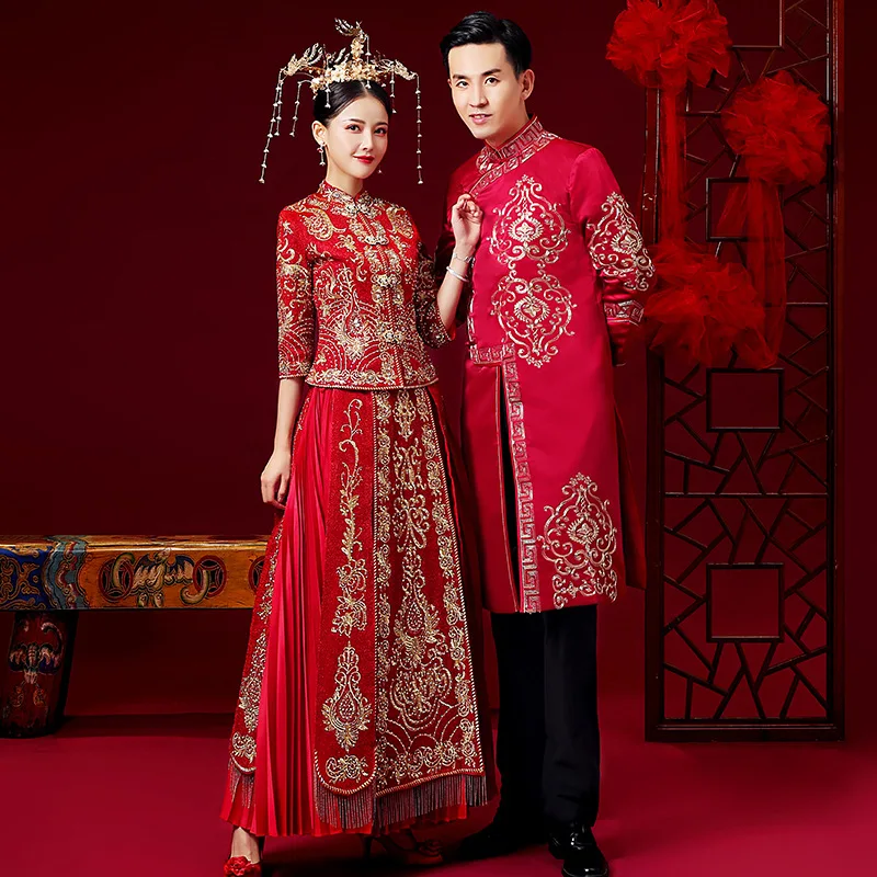 

Красное свадебное платье в китайском стиле высокого качества для мужчин и женщин, традиционная вышивка Hanfu, древний костюм