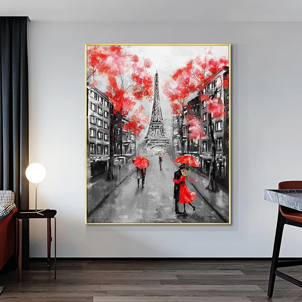 

Abstract People In the Rain With Red Umbrella 100% Hand Painted Oil Painting On Canvas Abstract Iron Tower For Living Room