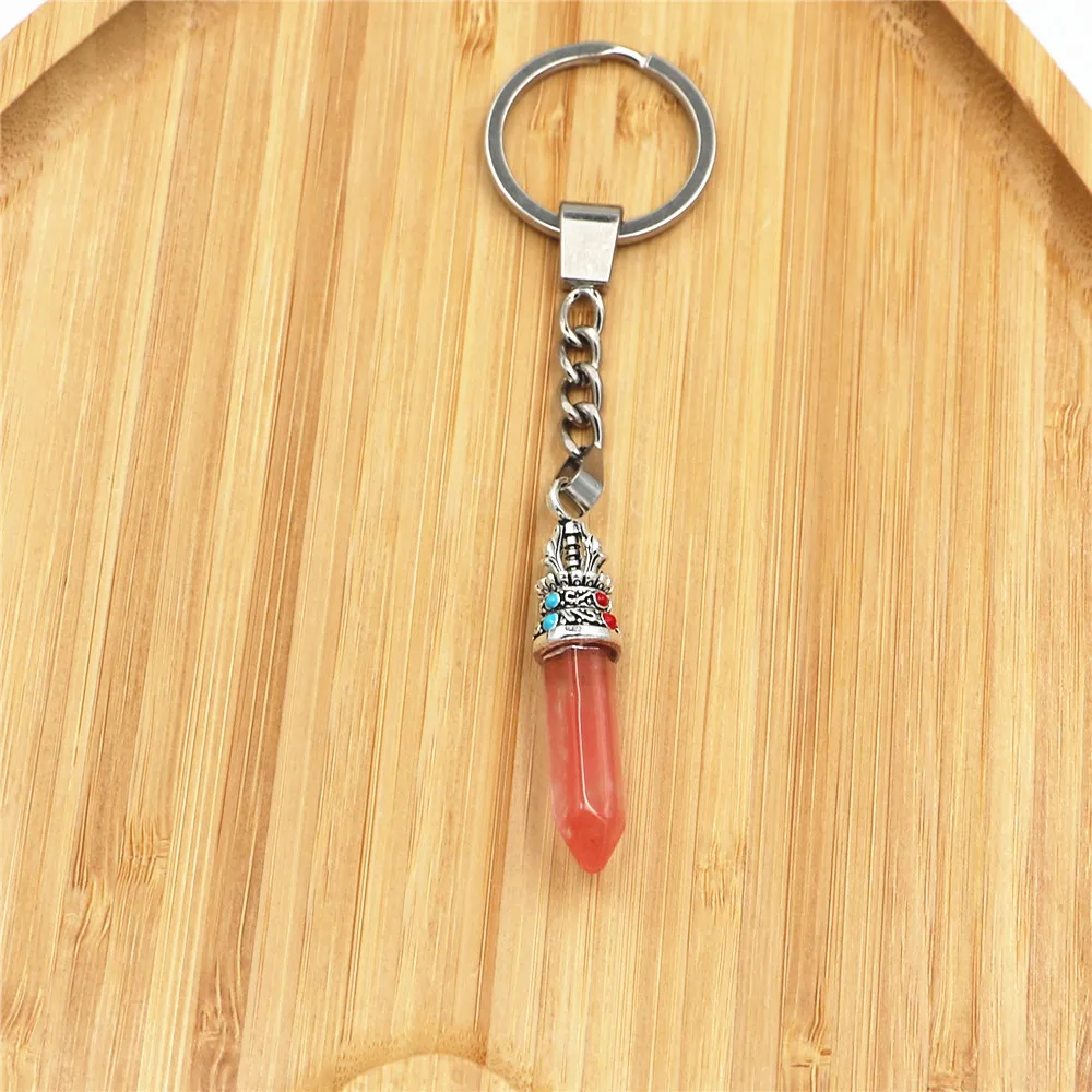 

Pink Crystal Keychain 2021 Fashion Bag Accessories Retro Natural Stone Keychain Natural Quartz Stone Pendant Keychain